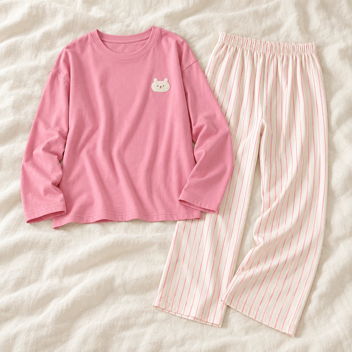 Long-Sleeve Nursing Pyjamas with Built-In Support — A02-24184 — product set on cream linen
