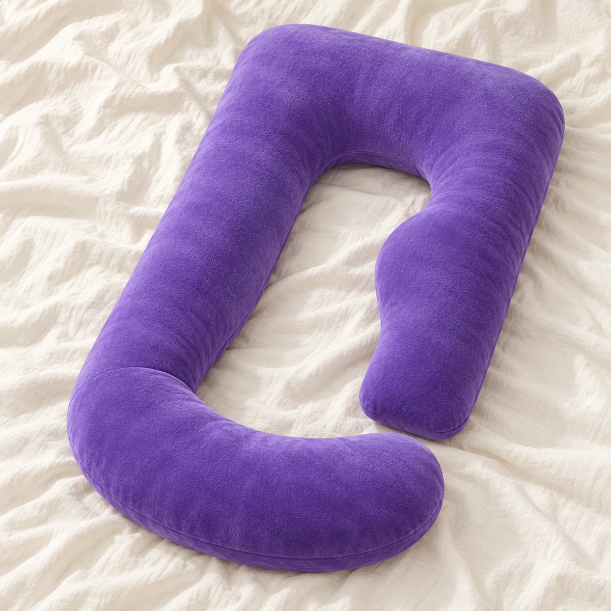 Full-Body Pregnancy Pillow with Washable Cover — Purple — product on cream linen