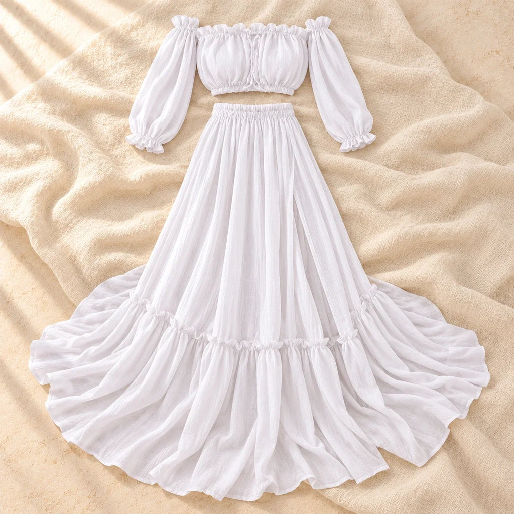 Bohemian Long-Sleeve Maternity Photoshoot Outfit, WHITE, product on cream linen