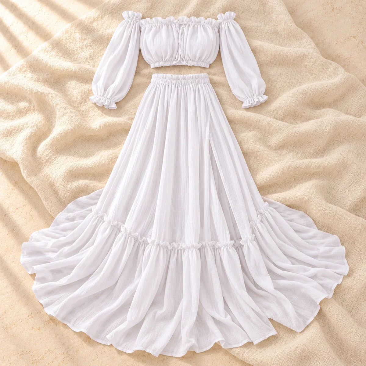 Bohemian Long-Sleeve Maternity Photoshoot Outfit, WHITE, product on cream linen