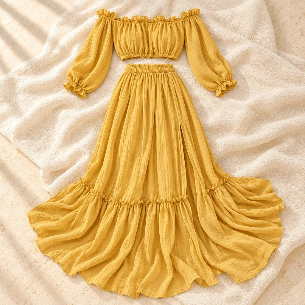 Bohemian Long-Sleeve Maternity Photoshoot Outfit, YELLOW, product on cream linen