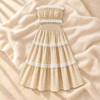 Lace-Trim Maternity Tube Top & Tiered Skirt Set, Pale yellow, on warm cream linen