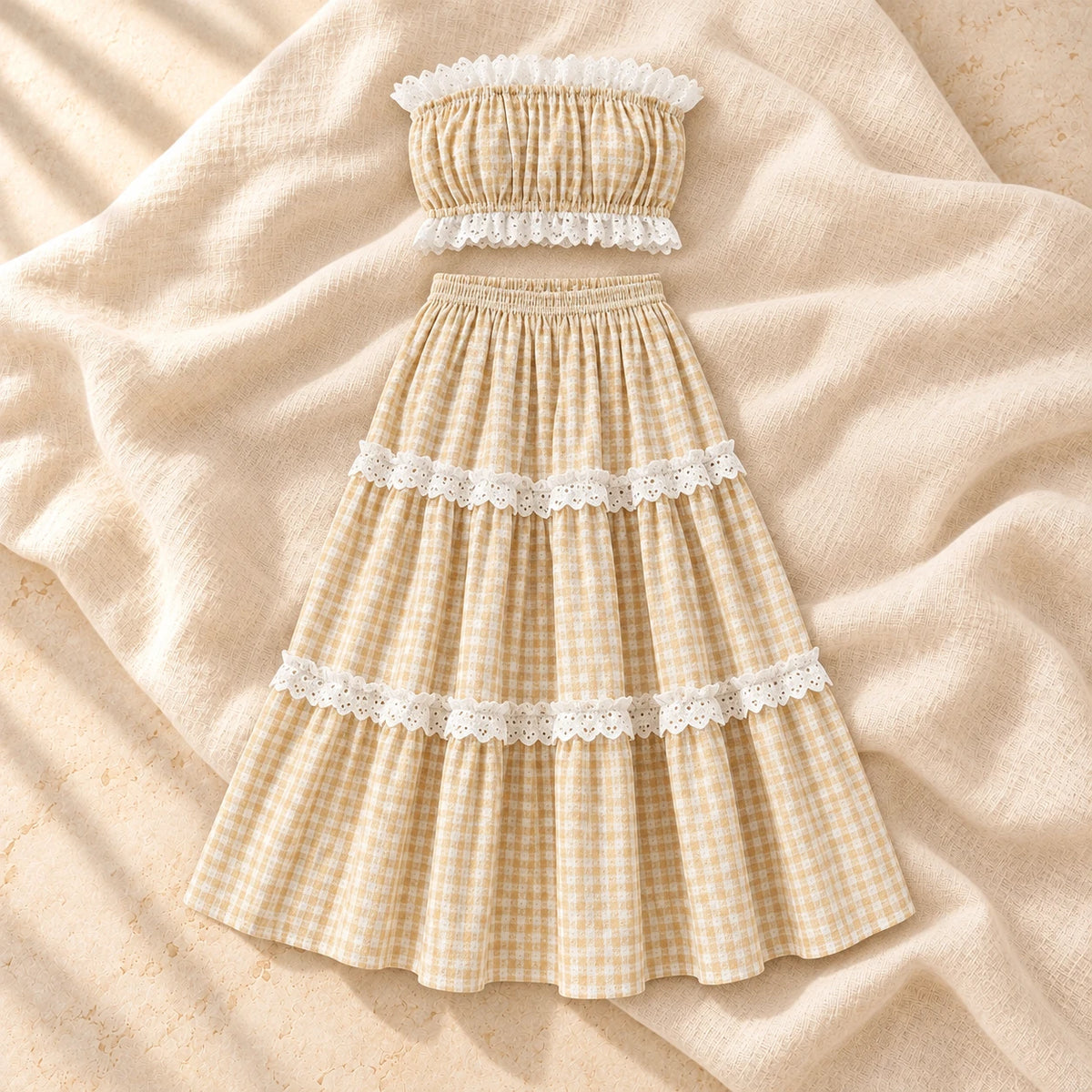 Lace-Trim Maternity Tube Top & Tiered Skirt Set, Pale yellow, on warm cream linen