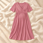 V-Neck Short-Sleeve Nursing Dress, C, product on cream linen