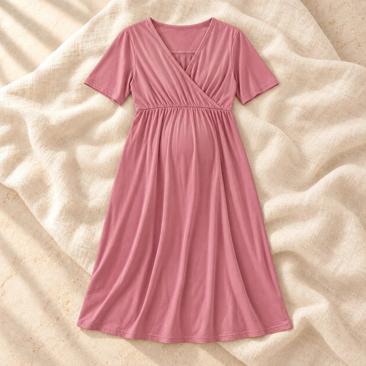 V-Neck Short-Sleeve Nursing Dress, C, product on cream linen