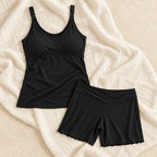 Nursing Tank & Shorts Lounge Set — black, product on cream linen