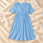 V-Neck Short-Sleeve Nursing Dress, A, product on cream linen