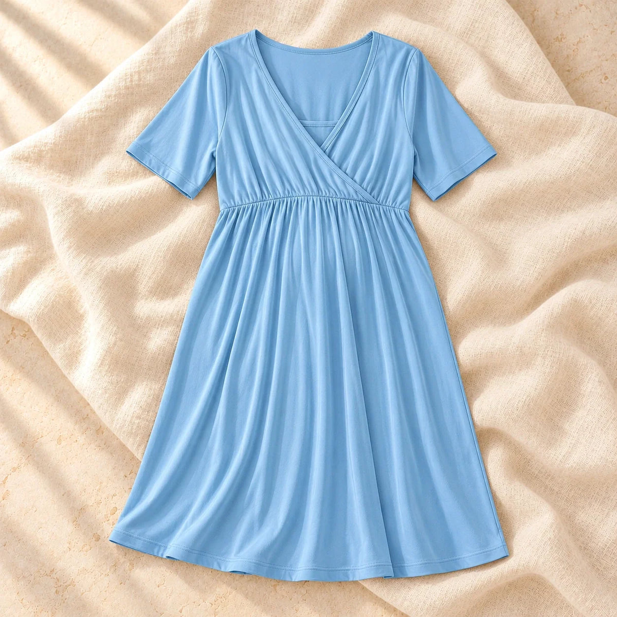 V-Neck Short-Sleeve Nursing Dress, A, product on cream linen