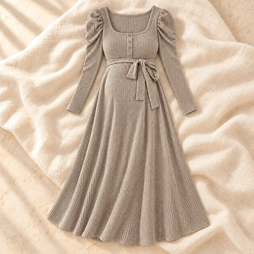 Square-Neck Ribbed Maternity Tie-Waist Dress, flaxen, product on cream linen