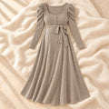 Square-Neck Ribbed Maternity Tie-Waist Dress, flaxen, product on cream linen