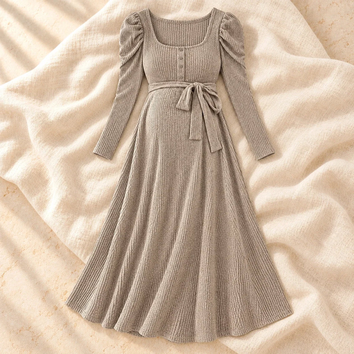 Square-Neck Ribbed Maternity Tie-Waist Dress, flaxen, product on cream linen