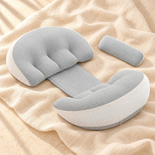 Adjustable Pregnancy Pillow with Auxiliary Cushion, Grey, on cream linen