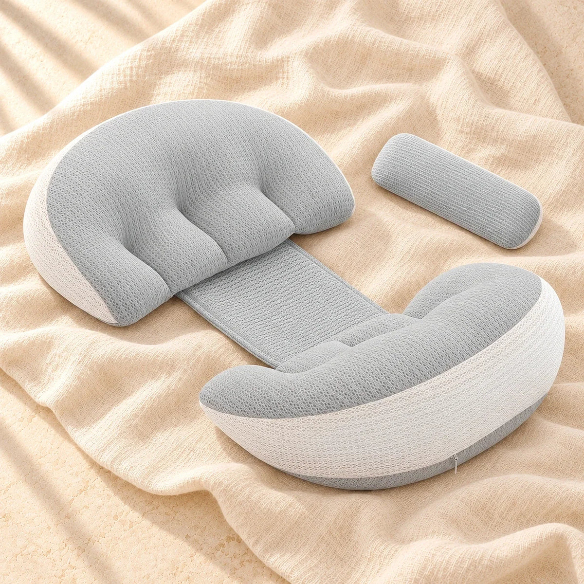 Adjustable Pregnancy Pillow with Auxiliary Cushion, Grey, on cream linen