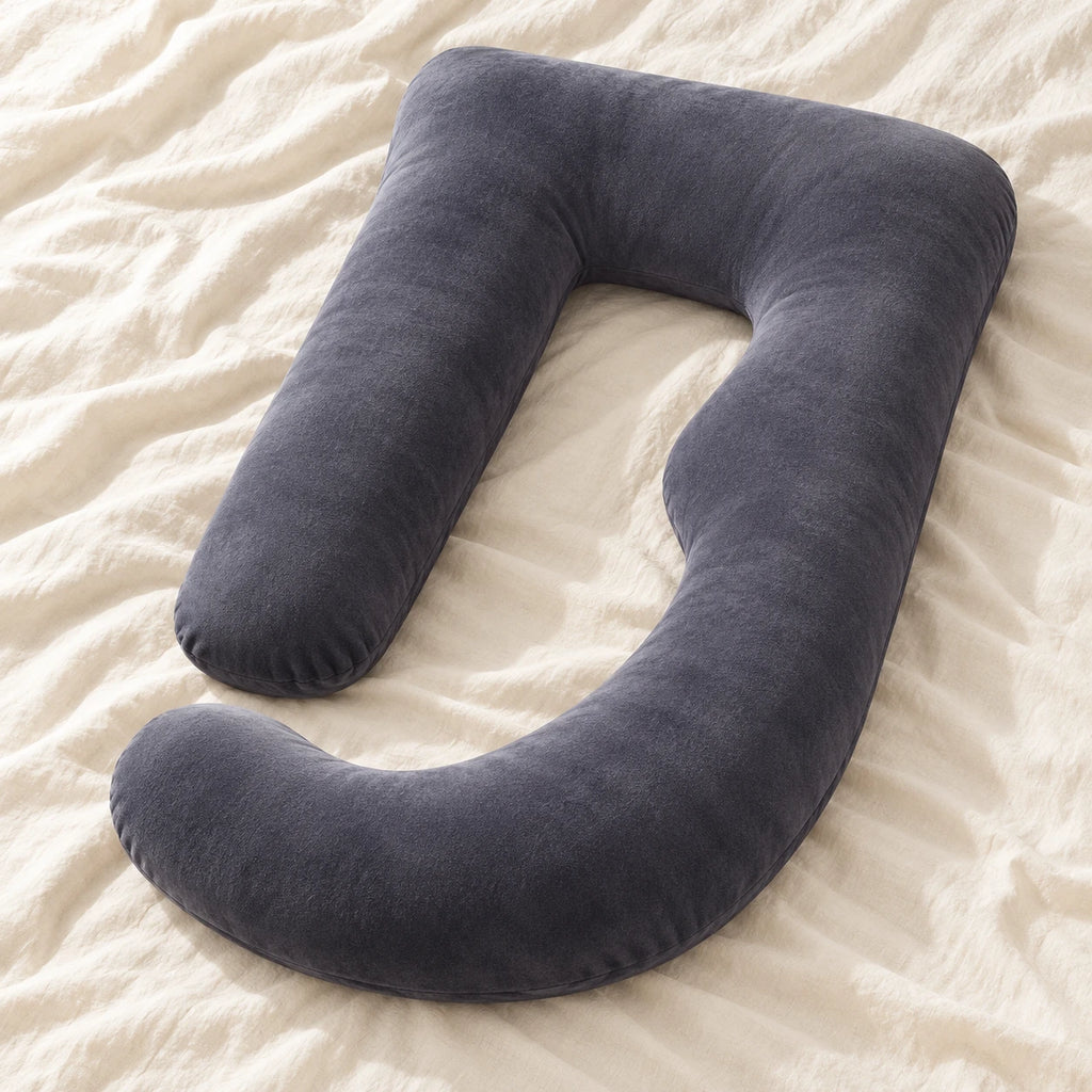 Full-Body Pregnancy Pillow with Washable Cover — Dark Gray — product on cream linen