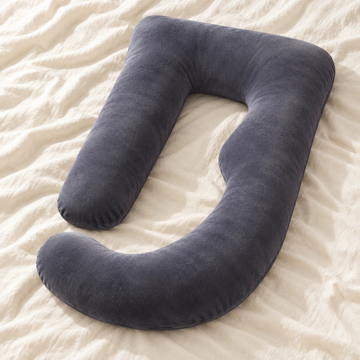 Full-Body Pregnancy Pillow with Washable Cover — Dark Gray — product on cream linen