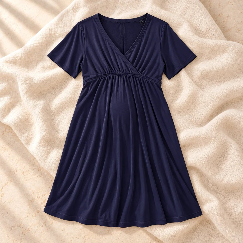 V-Neck Short-Sleeve Nursing Dress, H, product on cream linen