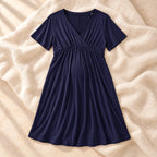 V-Neck Short-Sleeve Nursing Dress, H, product on cream linen