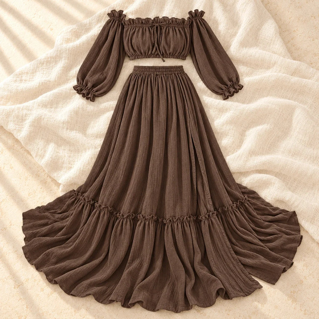 Bohemian Long-Sleeve Maternity Photoshoot Outfit, Coffee, product on cream linen