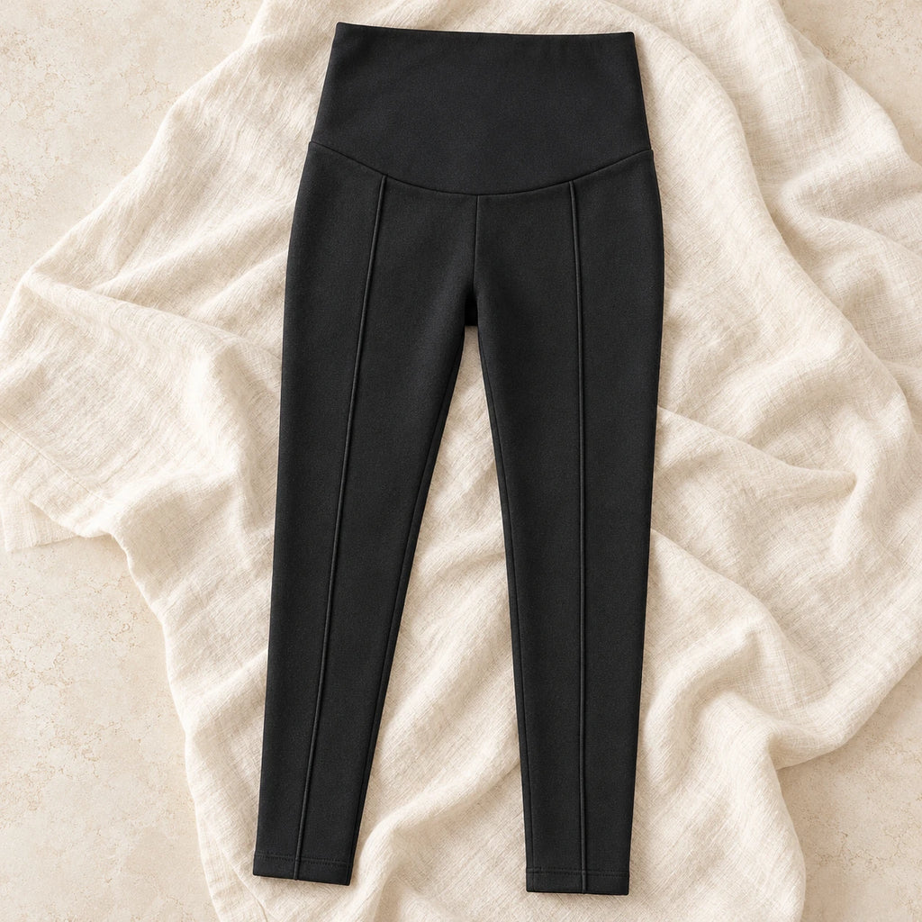 Warm-Lined Maternity Leggings — black, product on cream linen