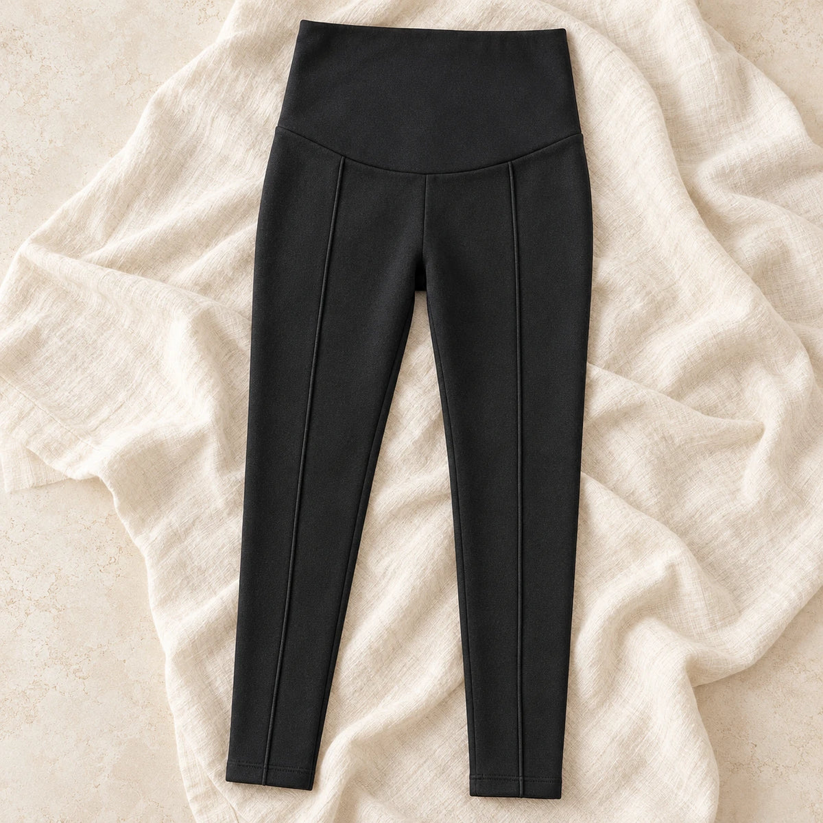 Warm-Lined Maternity Leggings — black, product on cream linen