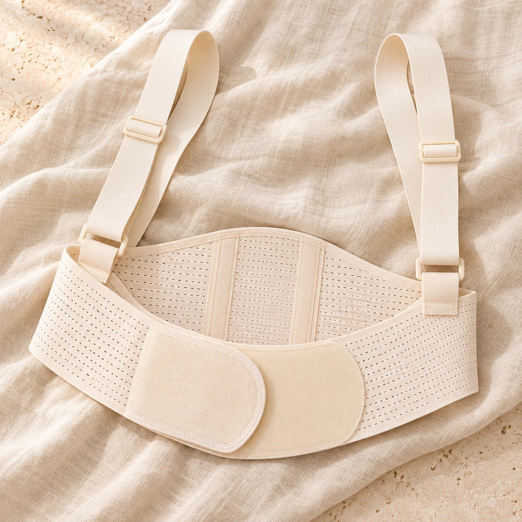 Beige maternity support belt with shoulder straps, product on cream linen