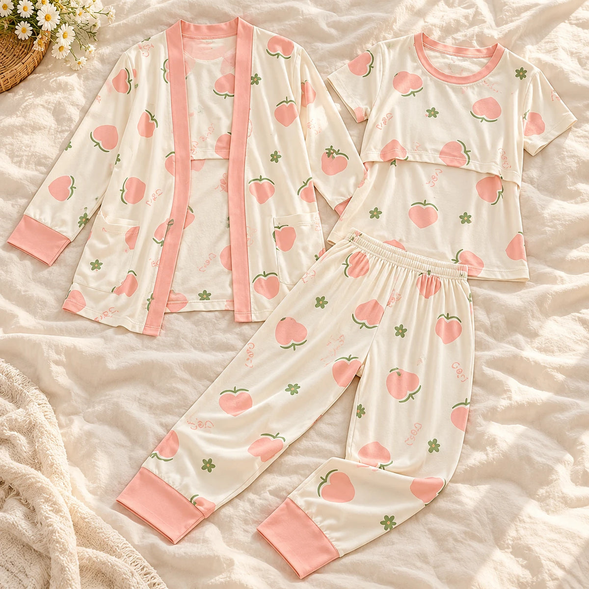 Tots & Moms three-piece nursing pyjama set — style Peach Print — Pink Trim — complete set on cream linen
