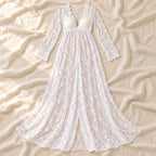 Lace Maxi Maternity Photoshoot Dress — White, photographed on cream linen