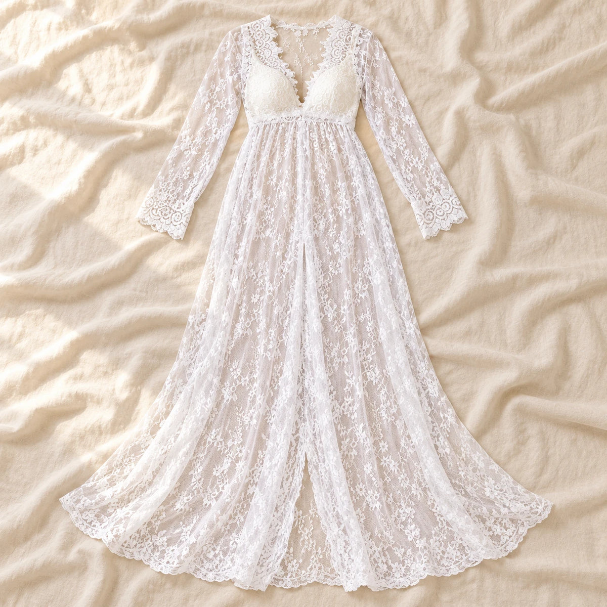 Lace Maxi Maternity Photoshoot Dress — White, photographed on cream linen