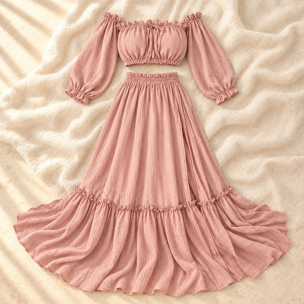 Bohemian Long-Sleeve Maternity Photoshoot Outfit, Pink, product on cream linen