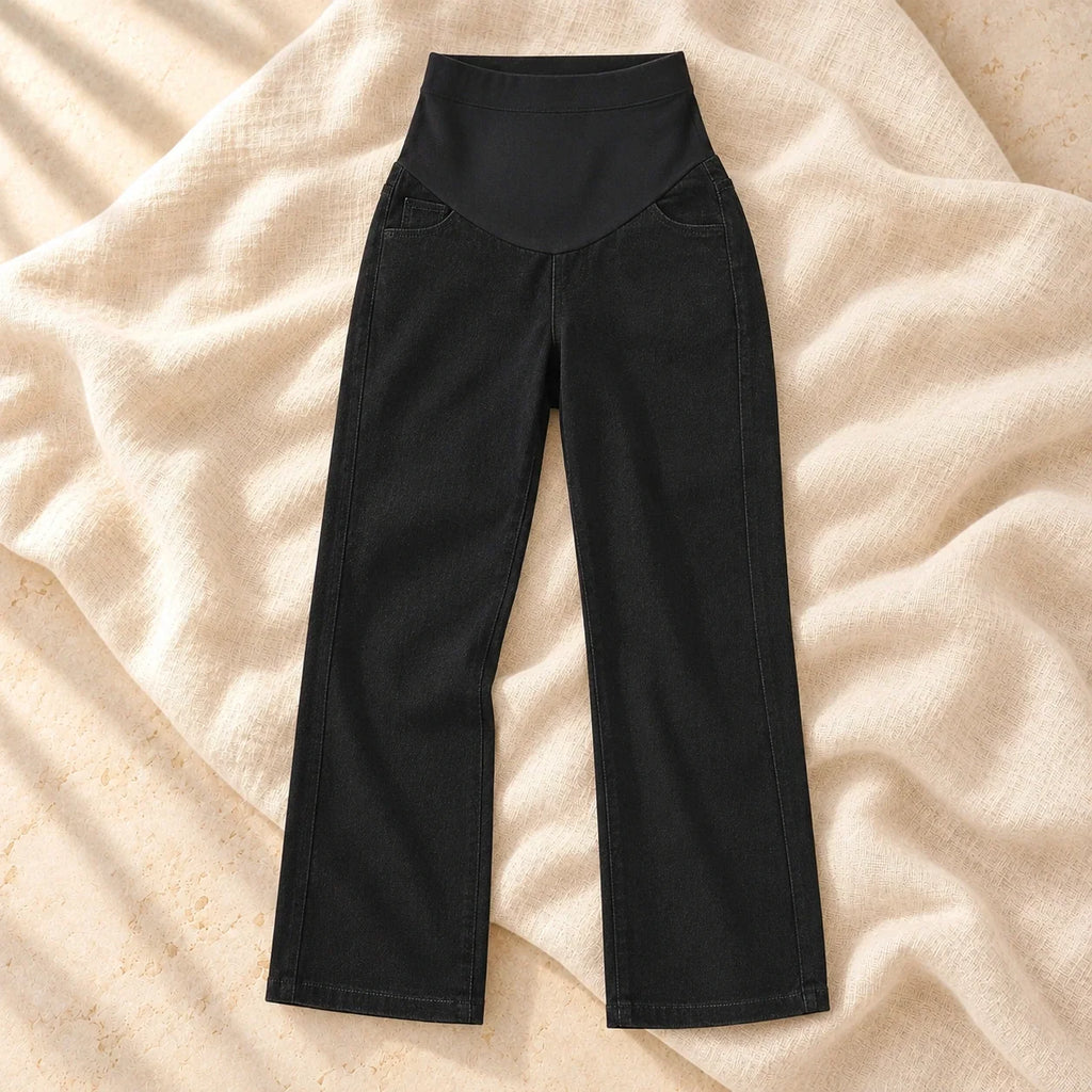 Adjustable-Waist Wide-Leg Maternity Jeans, Black, on cream linen