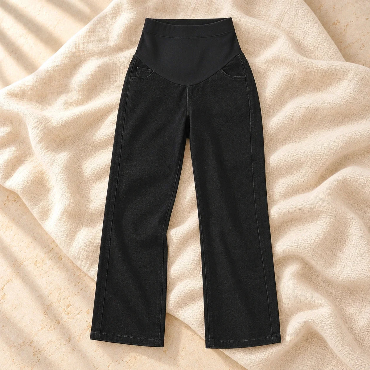 Adjustable-Waist Wide-Leg Maternity Jeans, Black, on cream linen