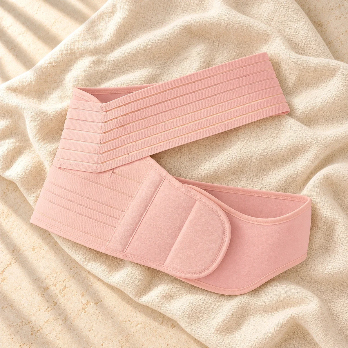 Adjustable Maternity Belly Band, Pink, product on cream linen