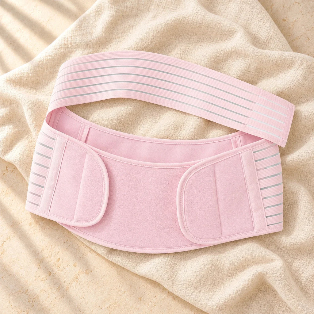 Hook-and-Loop Maternity Support Band, Pink, product on cream linen