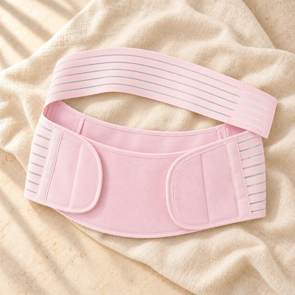 Hook-and-Loop Maternity Support Band, Pink, product on cream linen
