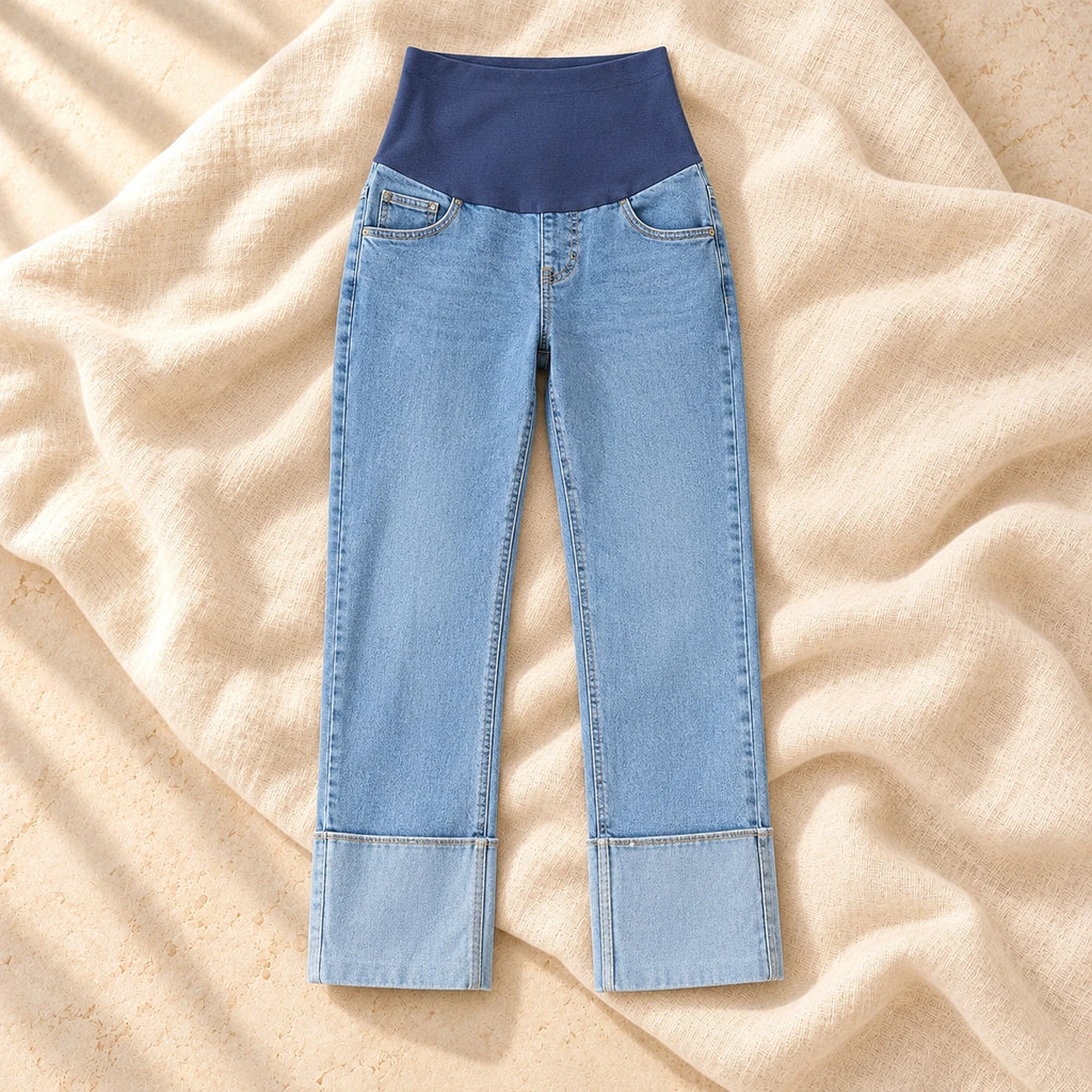 Cropped Straight-Leg Maternity Jeans, Blue, on warm cream linen