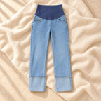 Cropped Straight-Leg Maternity Jeans, Blue, on warm cream linen
