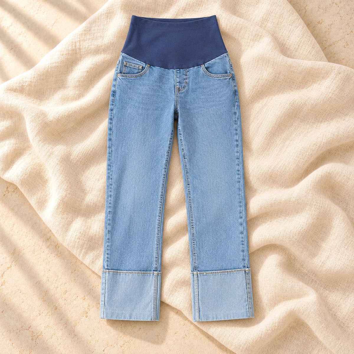 Cropped Straight-Leg Maternity Jeans, Blue, on warm cream linen