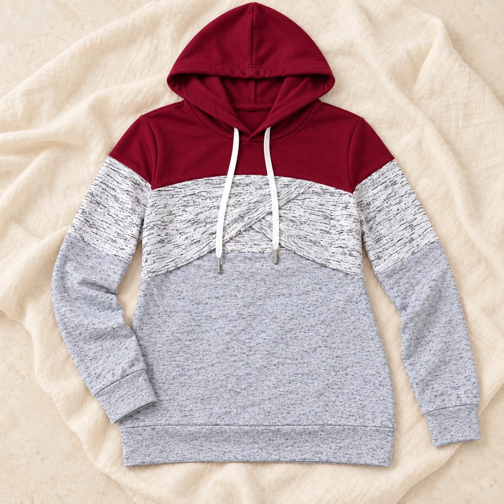 Colour-Block Long-Sleeve Nursing Hoodie — Red, product on cream linen