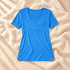 Concealed-Access V-Neck Nursing T-Shirt, Blue, product on cream linen