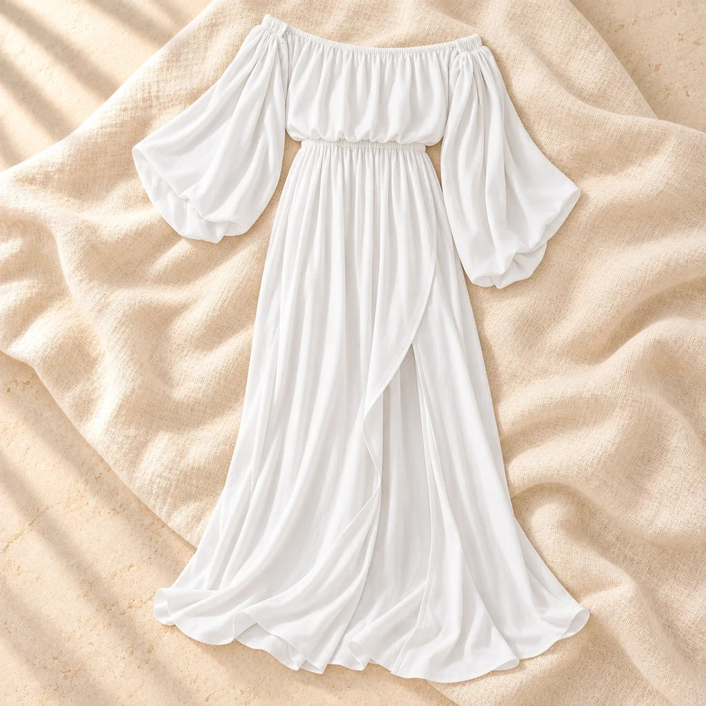 Off-Shoulder Split Maternity Photoshoot Gown, WHITE, product on cream linen