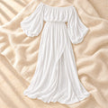 Off-Shoulder Split Maternity Photoshoot Gown, WHITE, product on cream linen