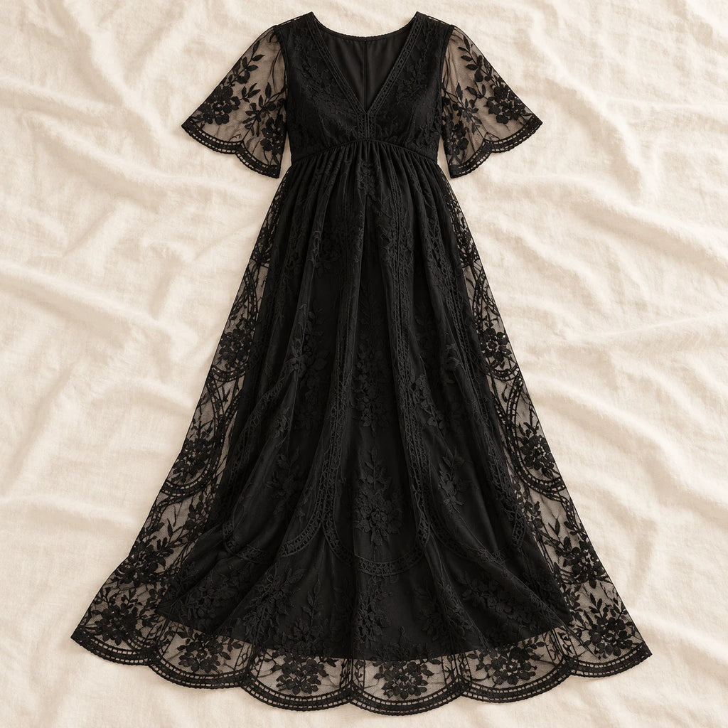 V-Neck Lace Maternity Maxi Dress — black — on cream linen