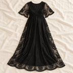 V-Neck Lace Maternity Maxi Dress — black — on cream linen