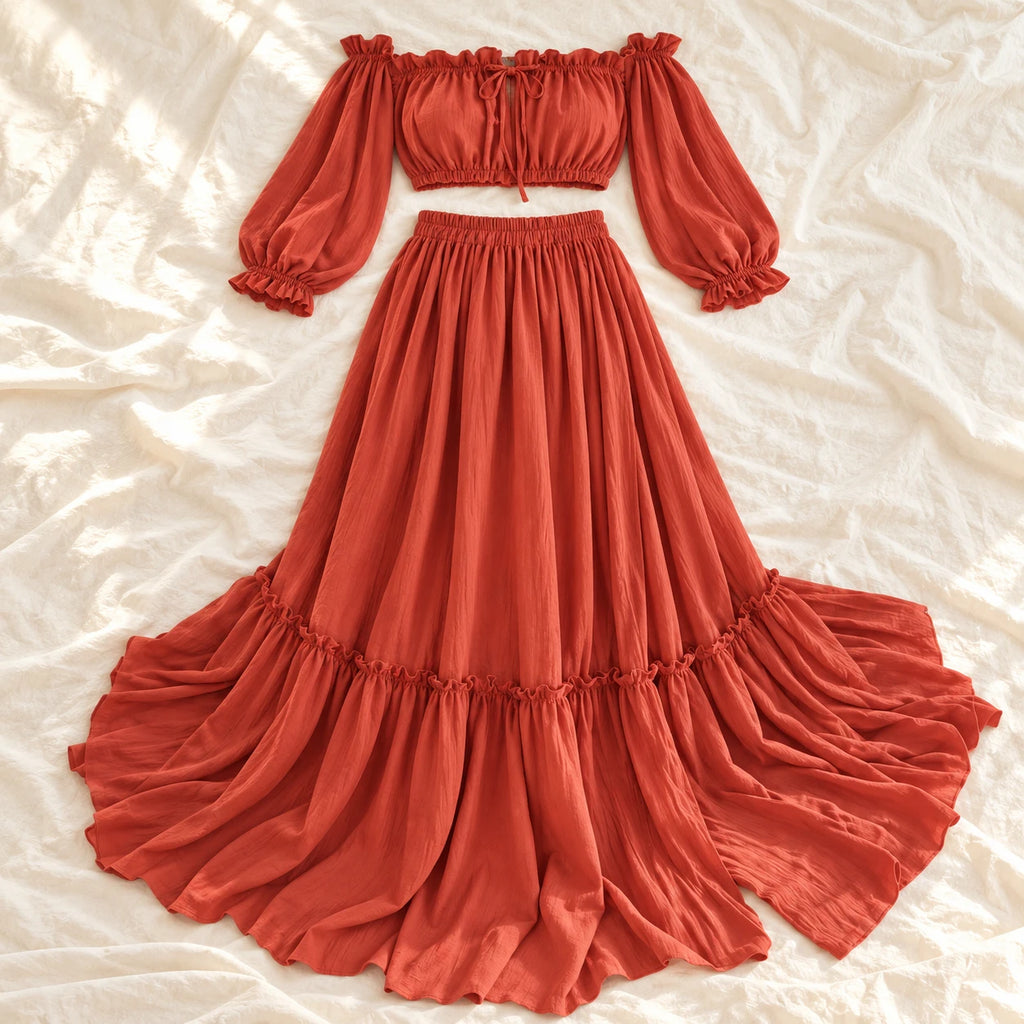 Tots & Moms bohemian maternity portrait outfit — Rust red — complete two-piece on cream linen