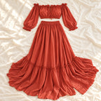 Tots & Moms bohemian maternity portrait outfit — Rust red — complete two-piece on cream linen