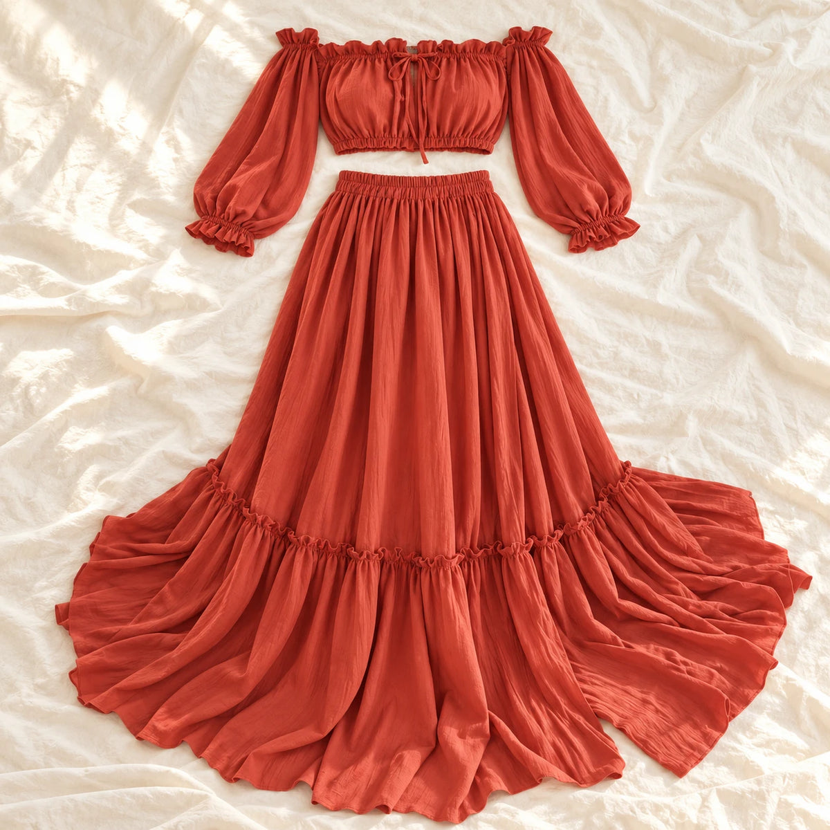 Tots & Moms bohemian maternity portrait outfit — Rust red — complete two-piece on cream linen