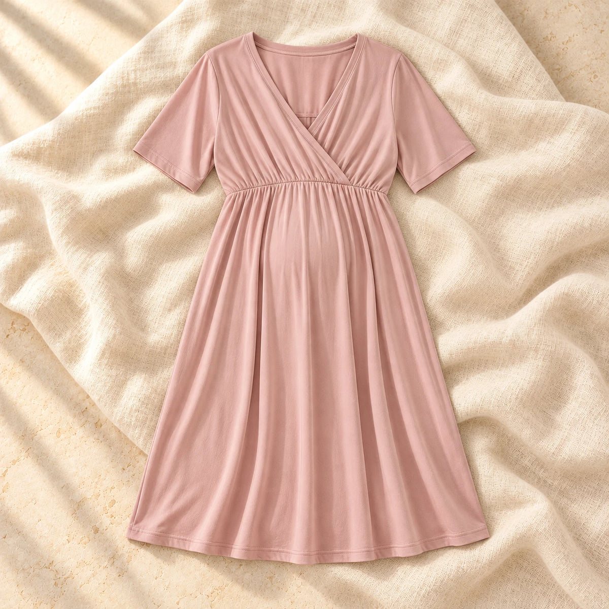 V-Neck Short-Sleeve Nursing Dress, B, on cream linen