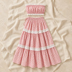 Lace-Trim Maternity Tube Top & Tiered Skirt Set — Pink, product on cream linen