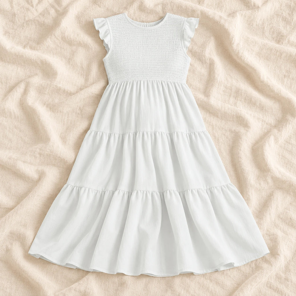 Sleeveless Tiered Maternity Dress — WHITE — on cream linen