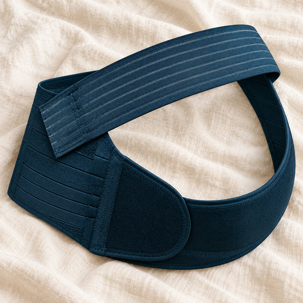 Tots & Moms adjustable pregnancy support belt — M / NAVY — product on cream linen
